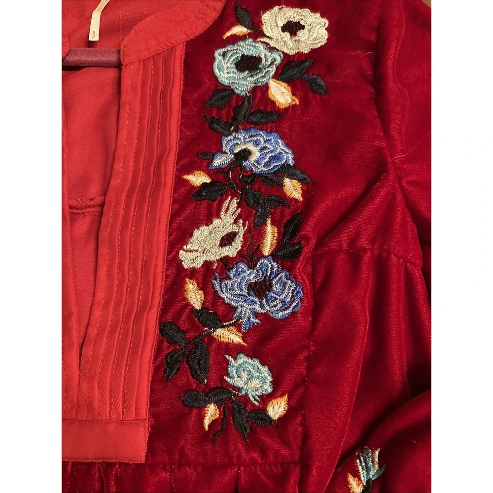 Free People Red Velvet Mini Dress Embroidered Details Size Small - Picture 13 of 13